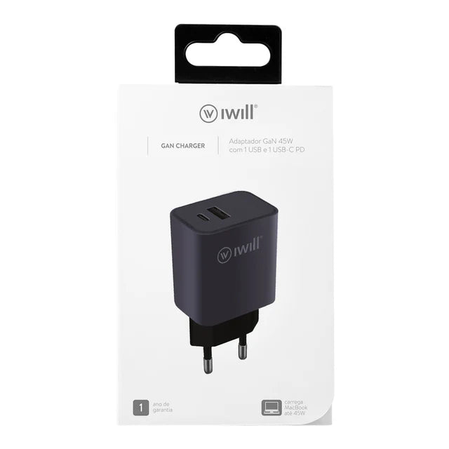 Carregador GaN Charger - Adaptador GaN 45W com 1 USB e 1 USB-C PD - Cinza