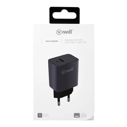 Carregador GaN Charger - Adaptador GaN 45W com 1 USB e 1 USB-C PD - Cinza